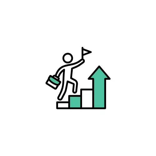 Career growth icon of a person climbing steps toward a flag