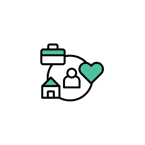 Work-life balance icon with a briefcase, house and heart