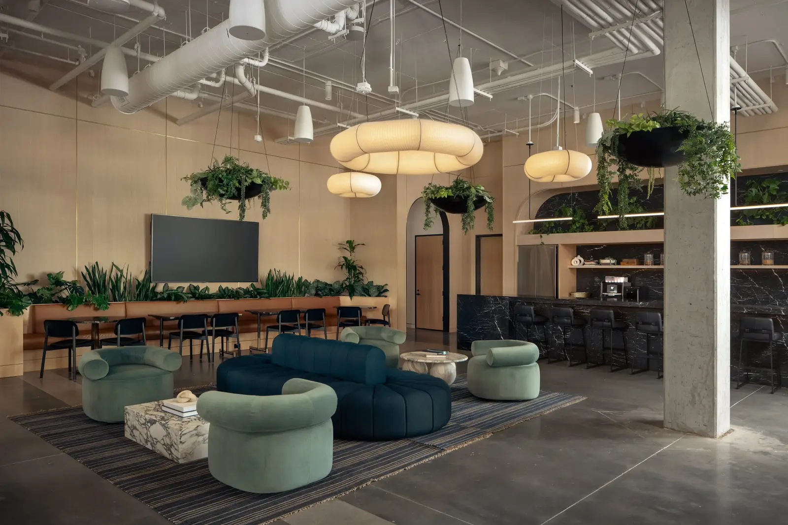 Atmosphere TV lounge with green and blue seating, hanging planters and a bar behind