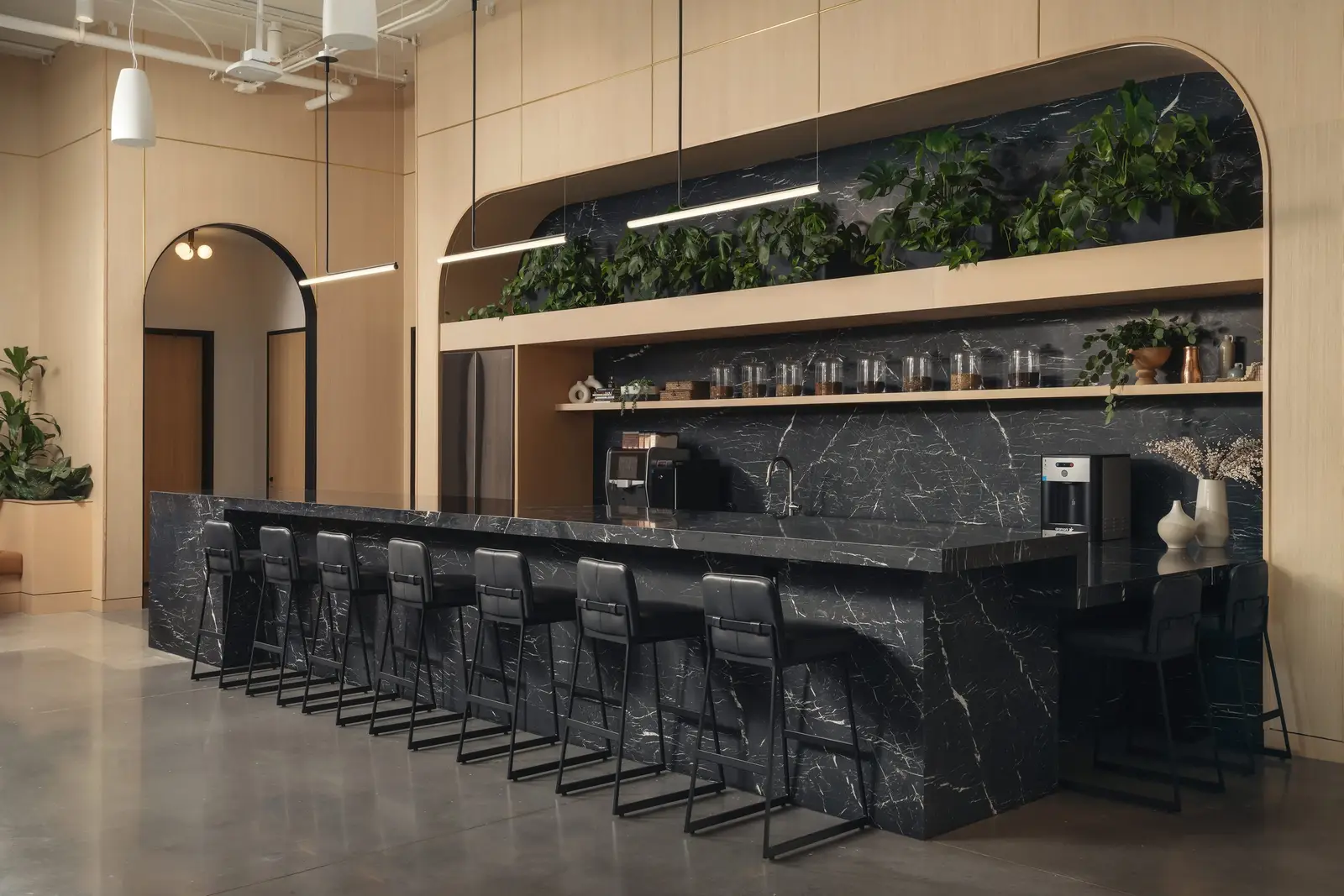 Atmosphere TV long bar with a black stone counter, arched openings and a plant shelf