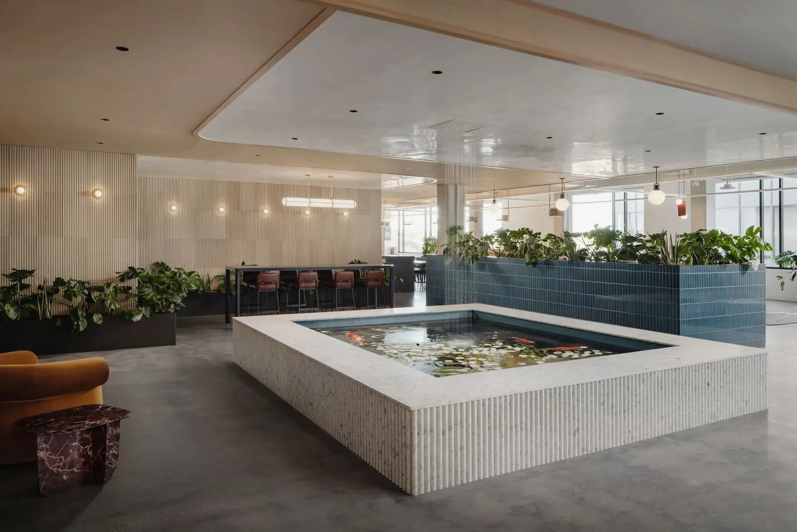 Atmosphere TV office floor with a shallow water feature and planters