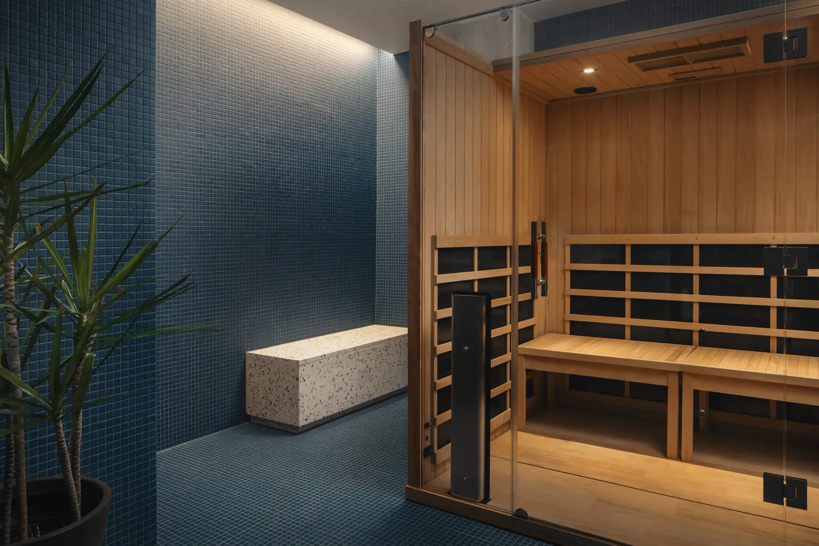 Atmosphere TV sauna with wood benches beside a blue tile wall