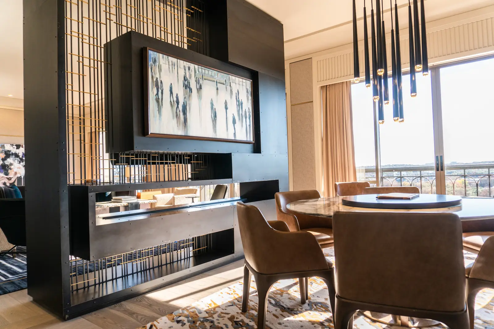 Four Seasons Hotel dining area with a black display divider and a slatted wood screen