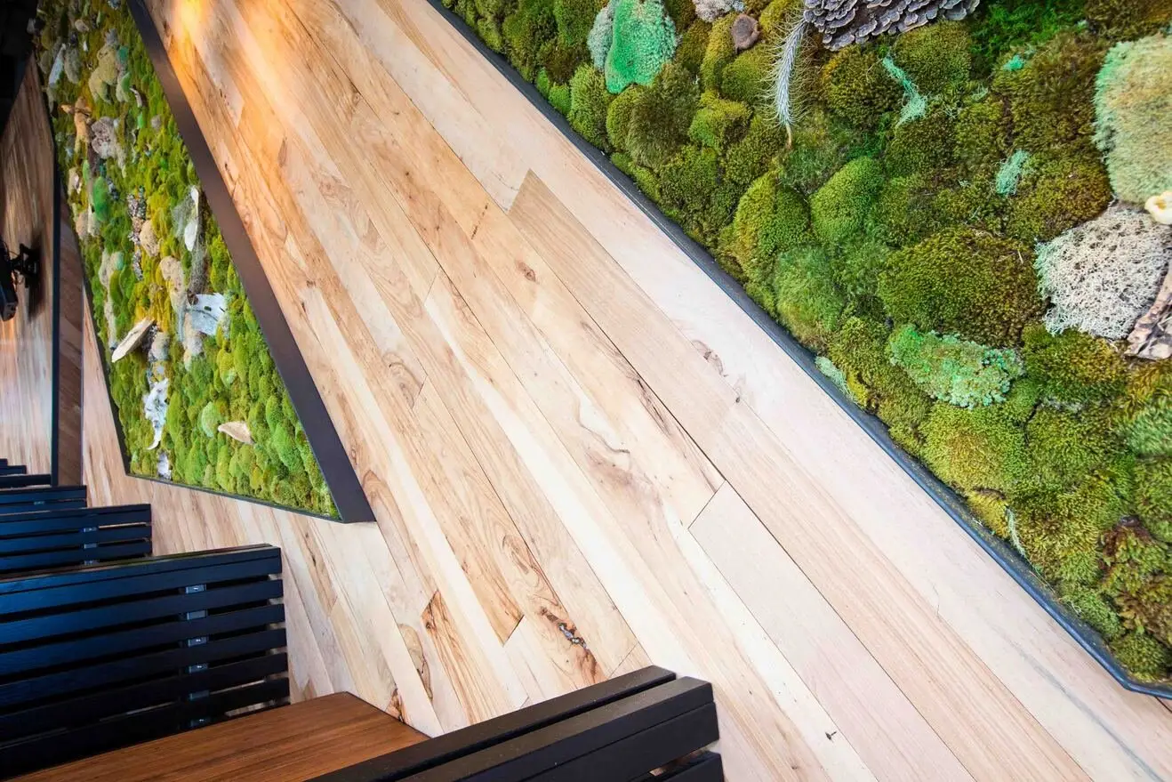 Shake Shack S. Lamar diagonal wood wall beside a moss wall panel