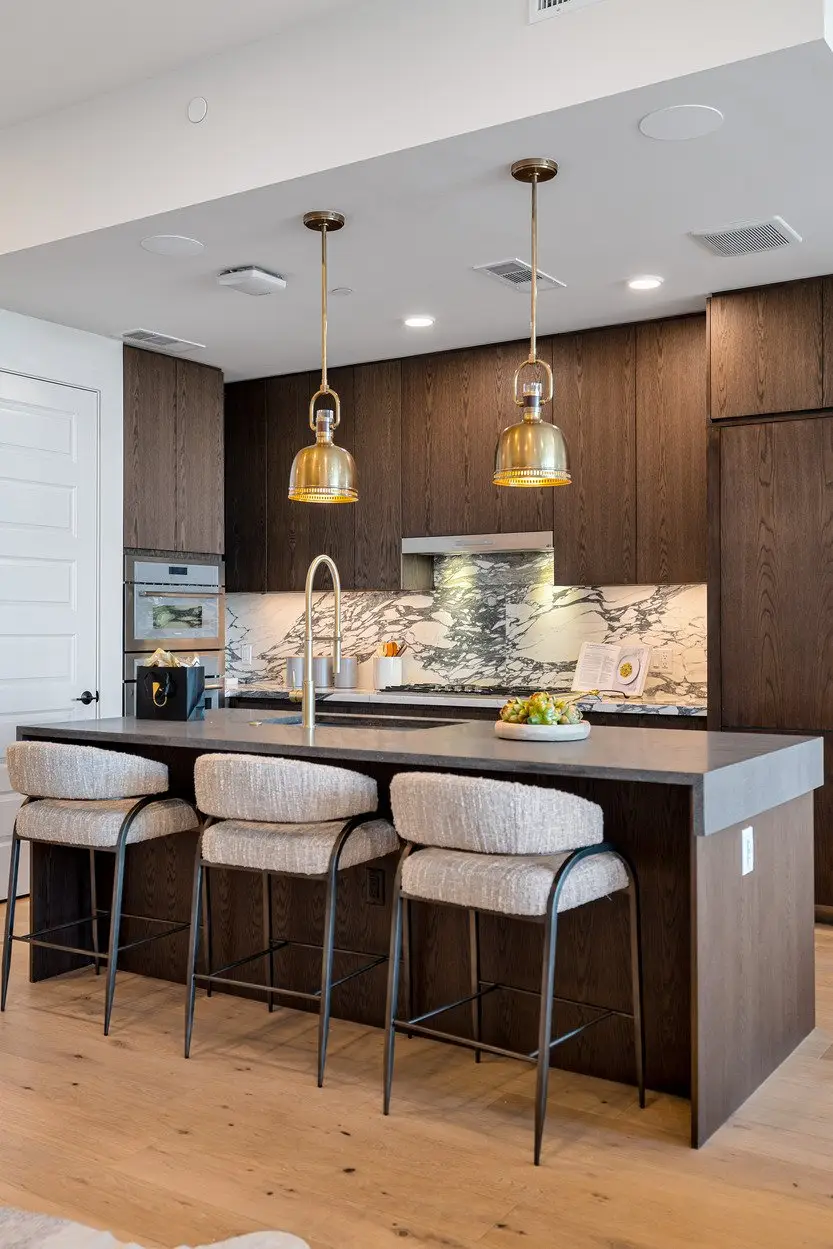 Sixth and Guadalupe kitchen with a wood island, pendant lights and counter stools
