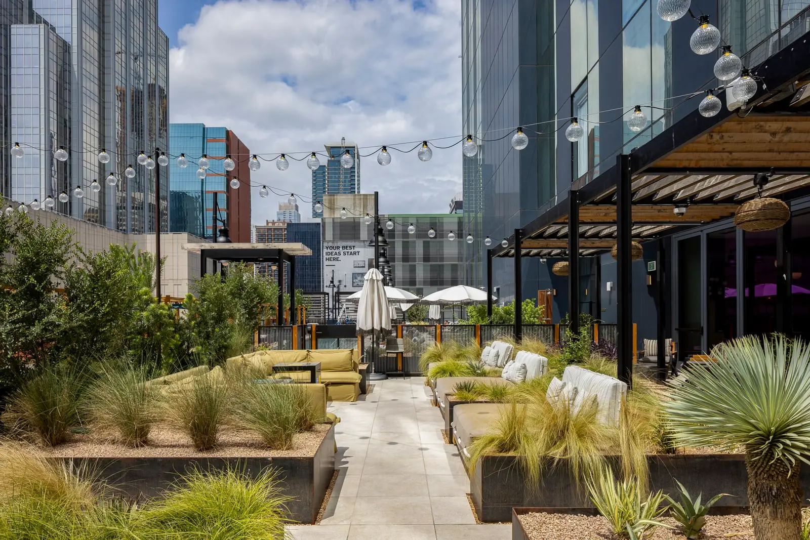 Thompson Hotel rooftop terrace with planters, string lights and city views