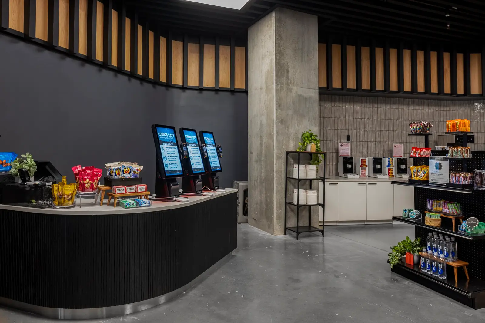 Undisclosed Project market checkout counter with self-service kiosks under a wood slat ceiling