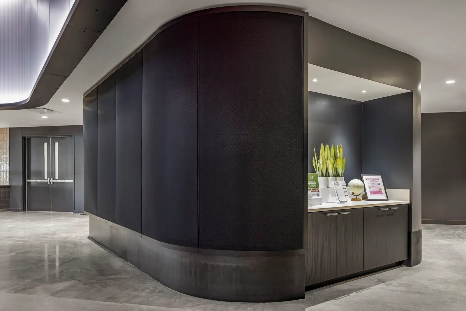 Undisclosed Project curved dark panel wall enclosing a counter niche