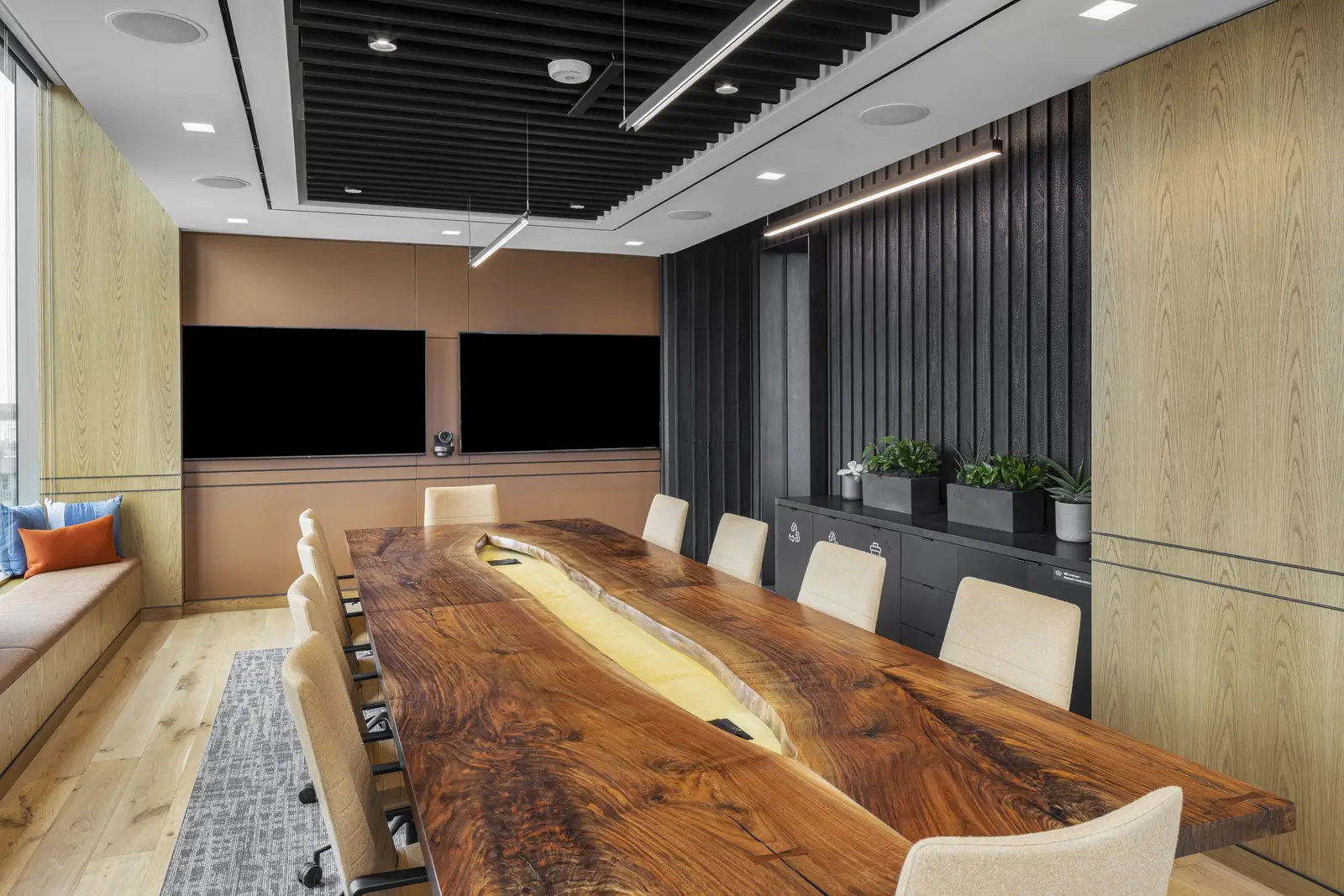 Unity conference room with a live-edge wood table