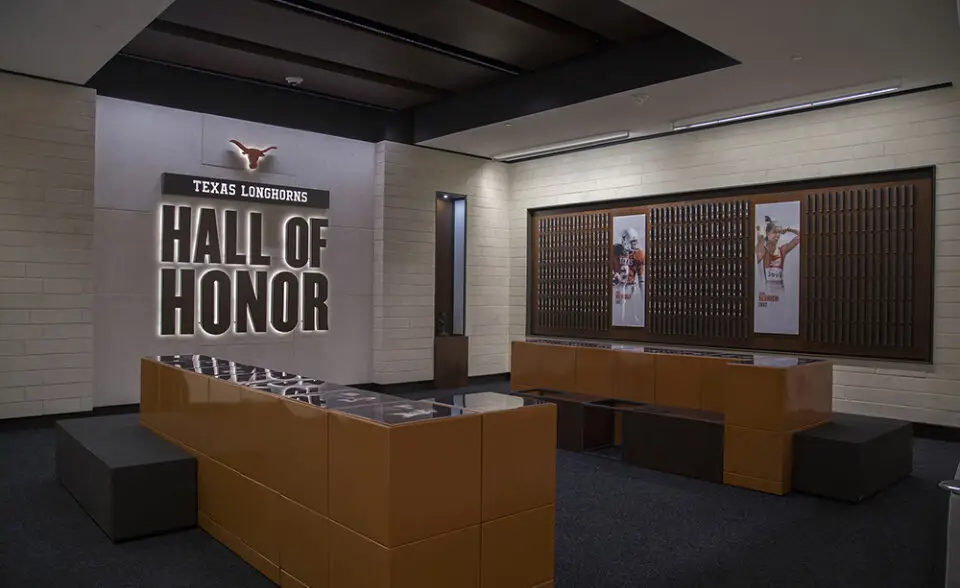 University of Texas Hall of Fame Hall of Honor entry wall with a wood display case